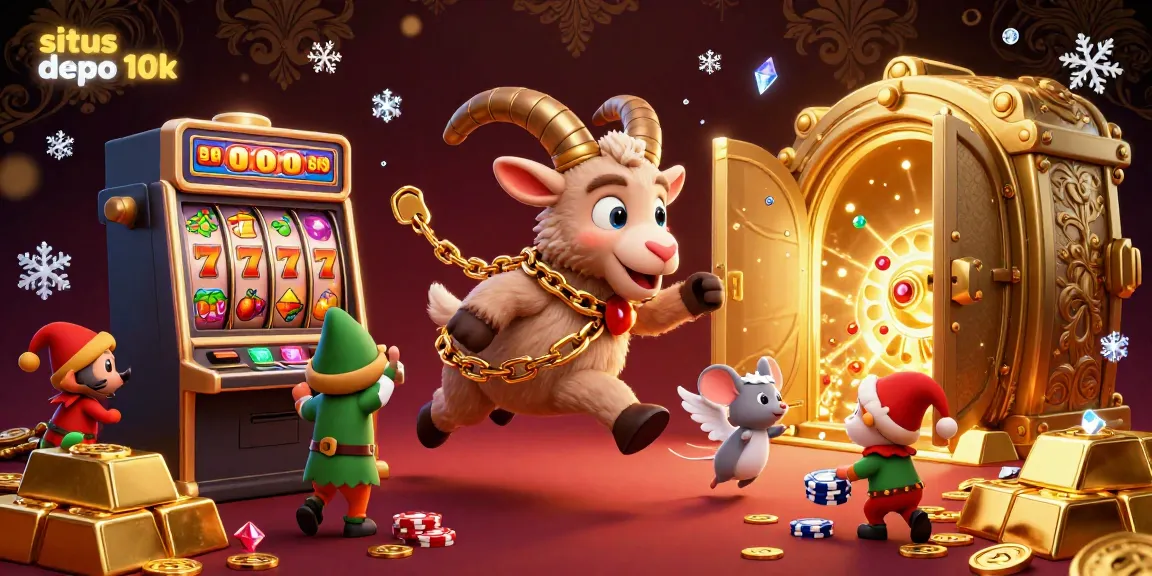 Situs depo 10k scene showcasing a festive casino with fun characters and exciting slot elements.