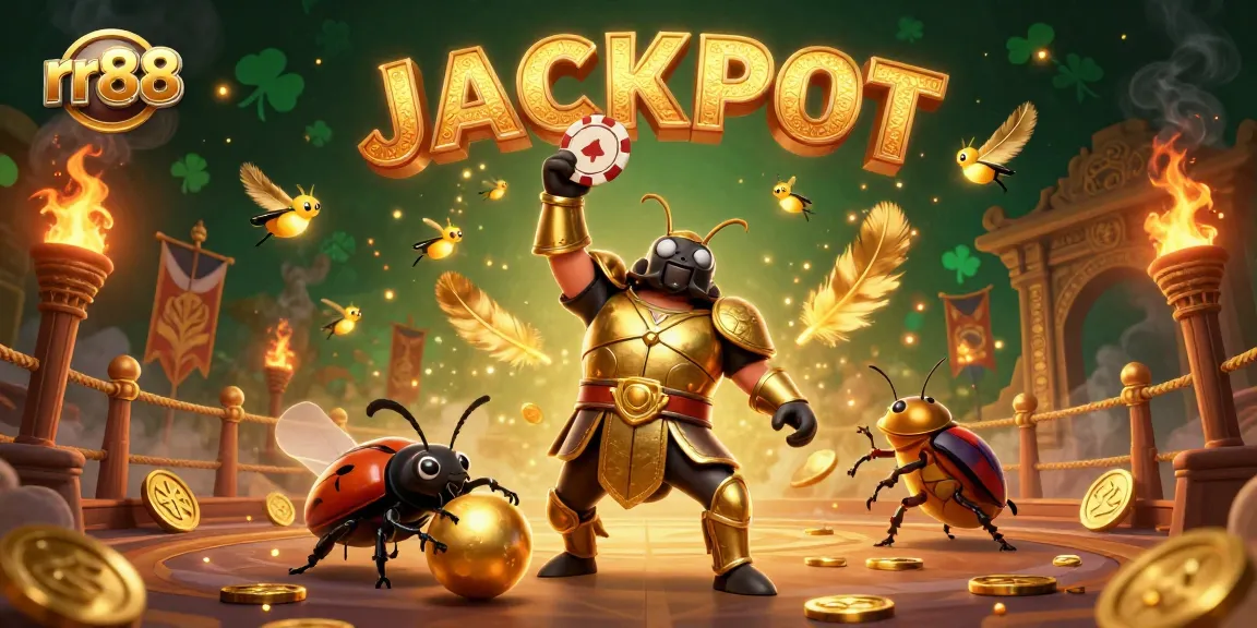 rr88 champions excitement with a victorious beetle lifting a poker chip in a vibrant casino scene