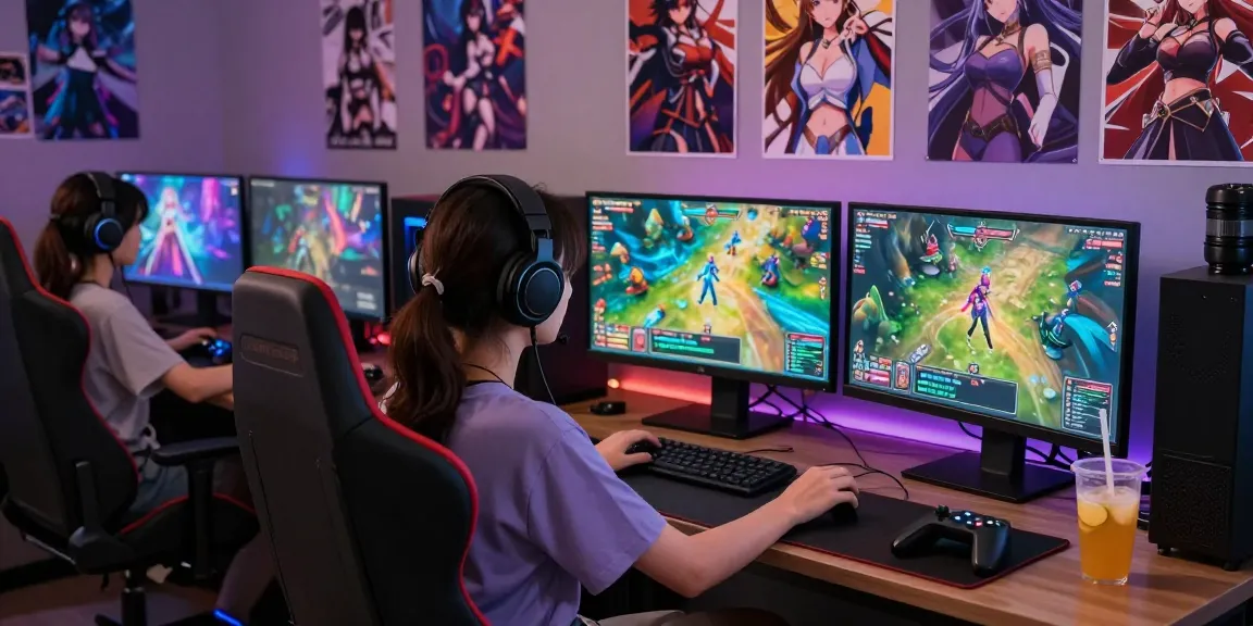 Engaging gamer playing a female hentai game in a vibrant virtual environment with colorful RPG graphics.
