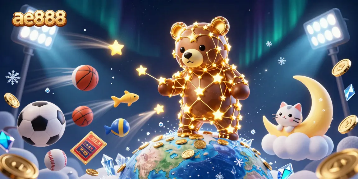 Experience excitement with ae888's vibrant 3D illustration of a constellation bear and dynamic sports elements.