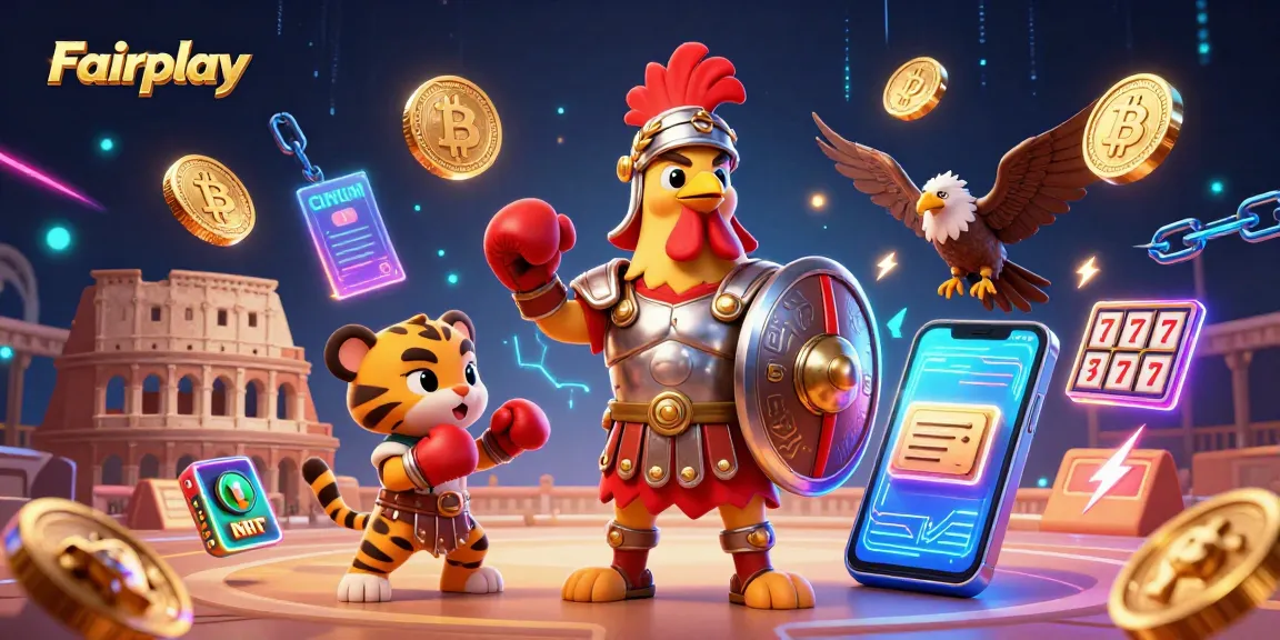 Experience Fairplay in a dynamic casino scene with a gladiator rooster amid vibrant gambling elements.