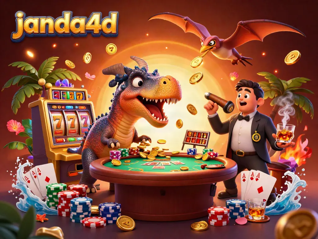 Permainan slot janda4d yang seru menampilkan dinosaurus 3D dan mesin slot dengan jackpot koin.