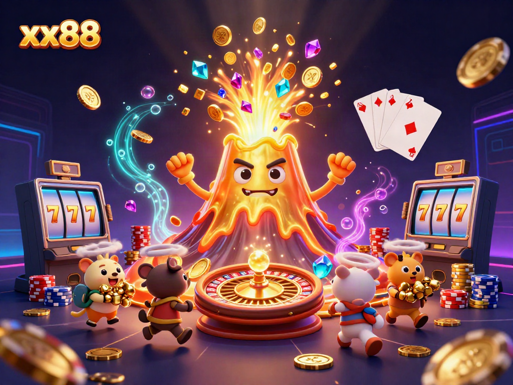 Experience the thrilling xx88 casino with a vibrant golden volcanic eruption raining coins and treasures.