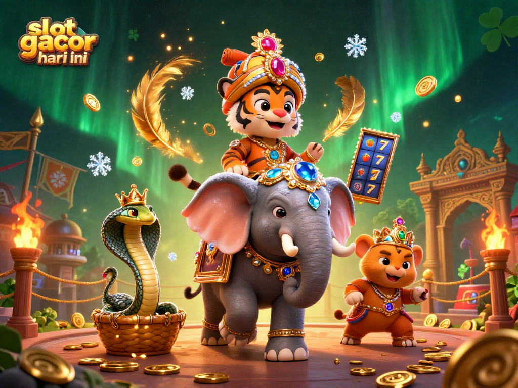 Gambarkan slot gacor hari ini dengan simbol slot, pemandangan megah, dan karakter berwarna-warni.