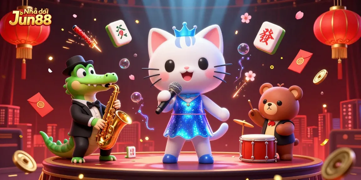 Experience the excitement of Nhà cái Jun88 with a vibrant 3D casino scene featuring animated characters and dynamic elements.