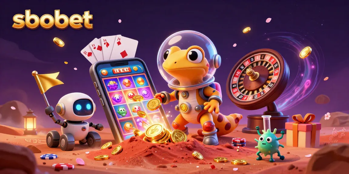 Experience sbobet excitement with a cartoon Martian gecko exploring a cosmic casino scene.