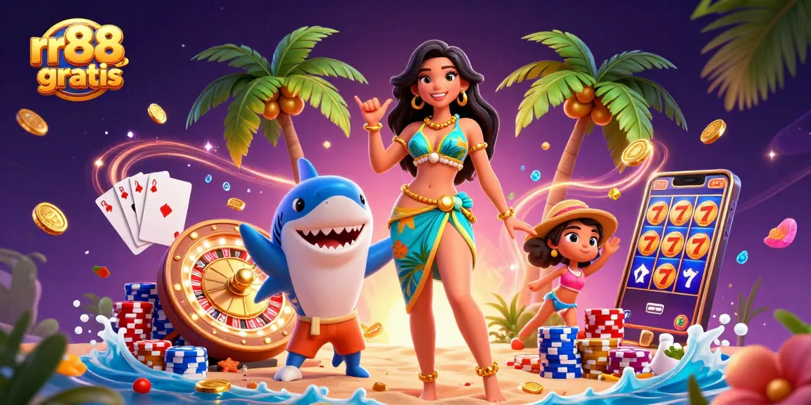 Spin to win at rr88 gratis with vibrant casino action and 3D characters in a tropical setting
