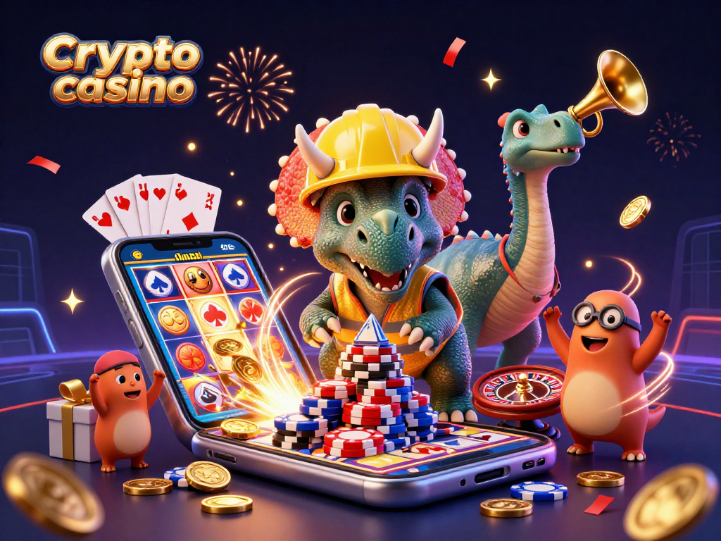 Engaging 3D scene celebrating crypto casino fun with vibrant characters and gaming elements.