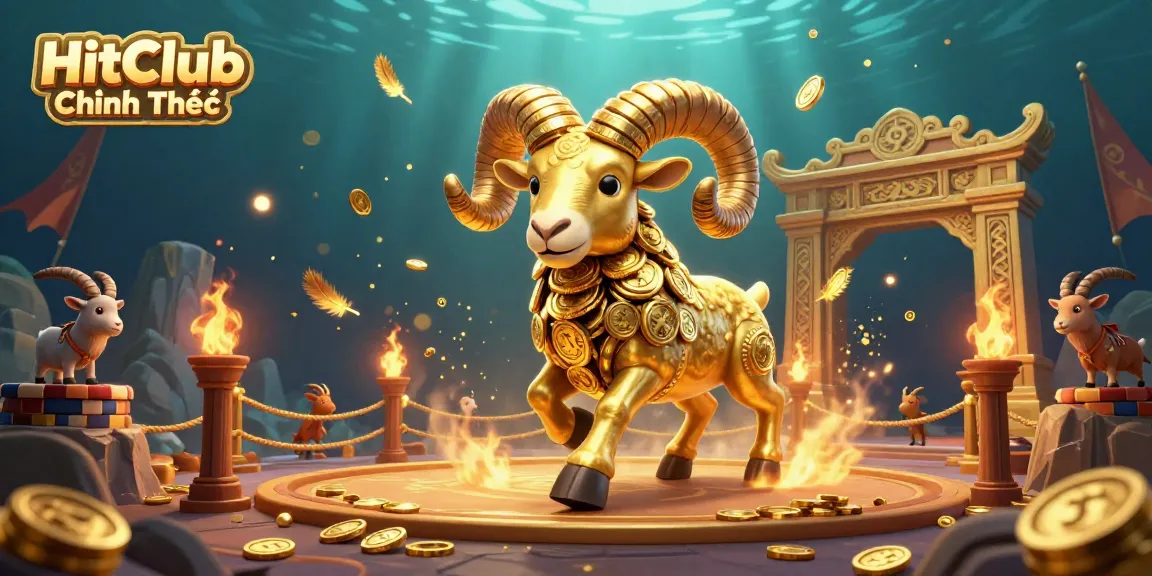 Experience the thrill of HitClub Chính Thức in a vibrant 3D casino scene featuring a golden ram charging through a golden gate.