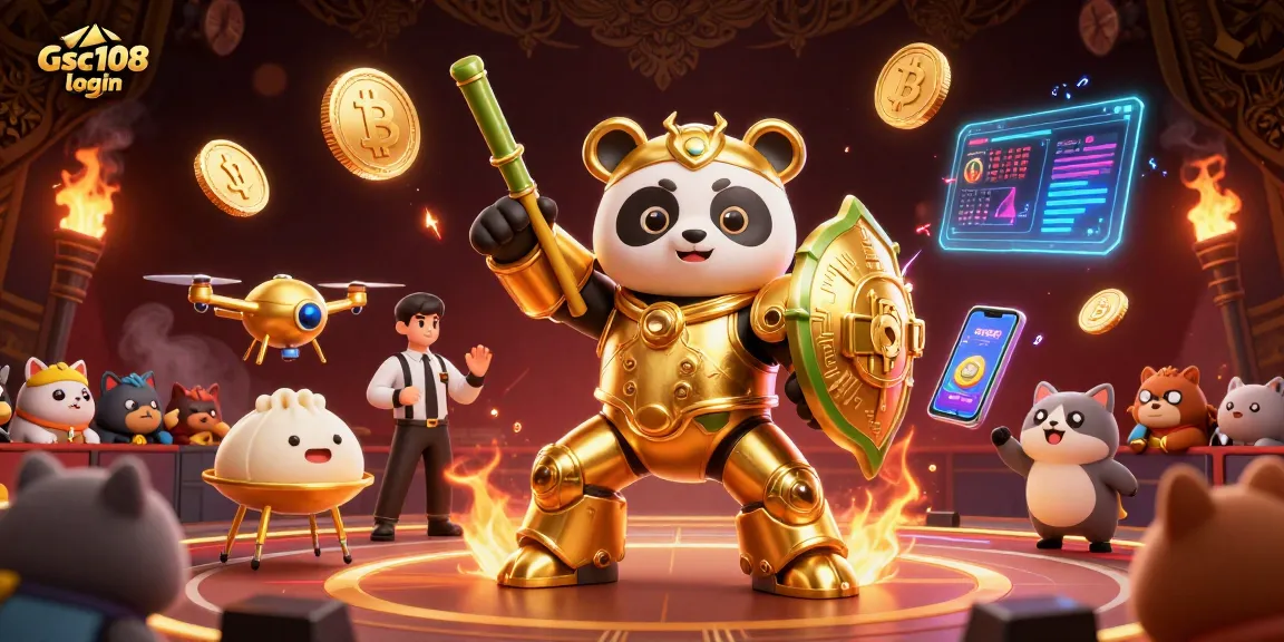 Play exciting games with Gsc108 login featuring gold panda and crypto coins in a vibrant casino