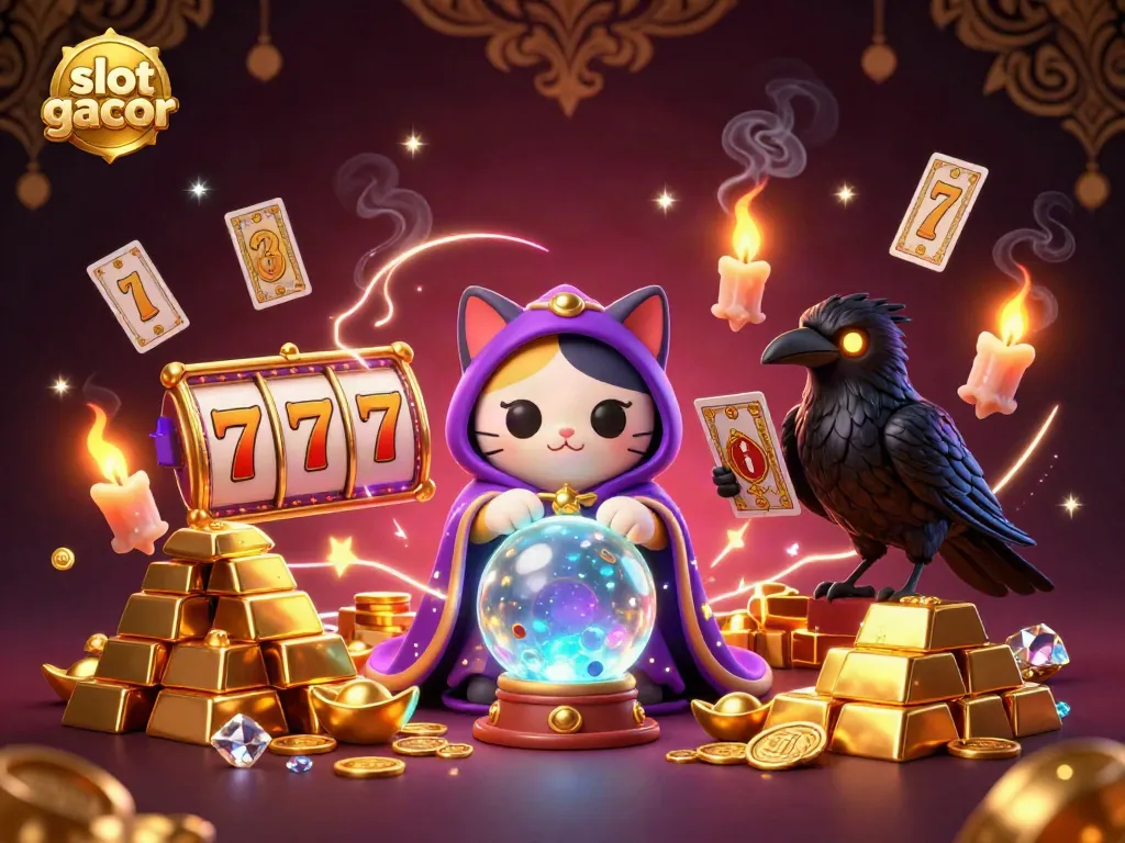 Spin to win with slot gacor action depicted in a mystical 3D illustration featuring a fortune teller cat and magical treasures.
