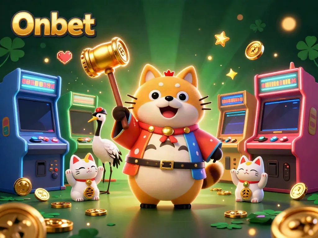Onbet's 3D cartoon raccoon character celebrates with coins and game elements, showcasing vibrant casino fun.