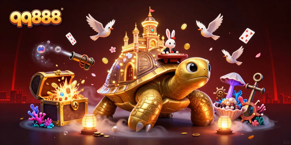 Experience the thrilling world of qq888 with a vibrant 3D casino scene, featuring a golden tortoise and a rabbit dealer.