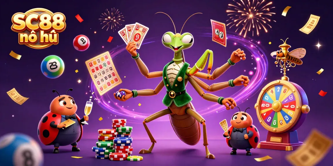 Engage in the excitement of SC88 nổ hũ with vibrant jackpot elements and animated characters celebrating wins.