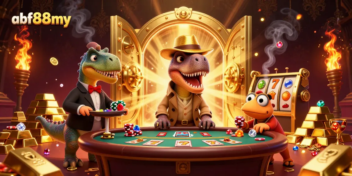 Bet at afb88my: Velociraptor card counter at a vibrant casino scene with jewels and slot reels.