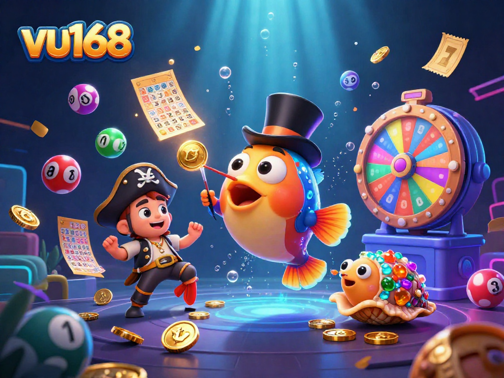 Engage with vu168's thrilling lottery games featuring vibrant 3D underwater characters and dynamic prizes.