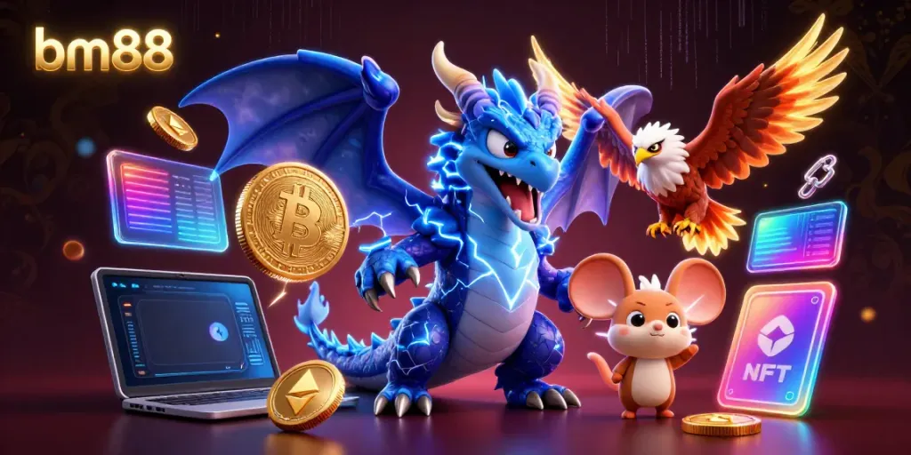 Experience the excitement of bm88 with a powerful dragon, glowing hawk, and rewarding elements in this vibrant casino-themed illustration.