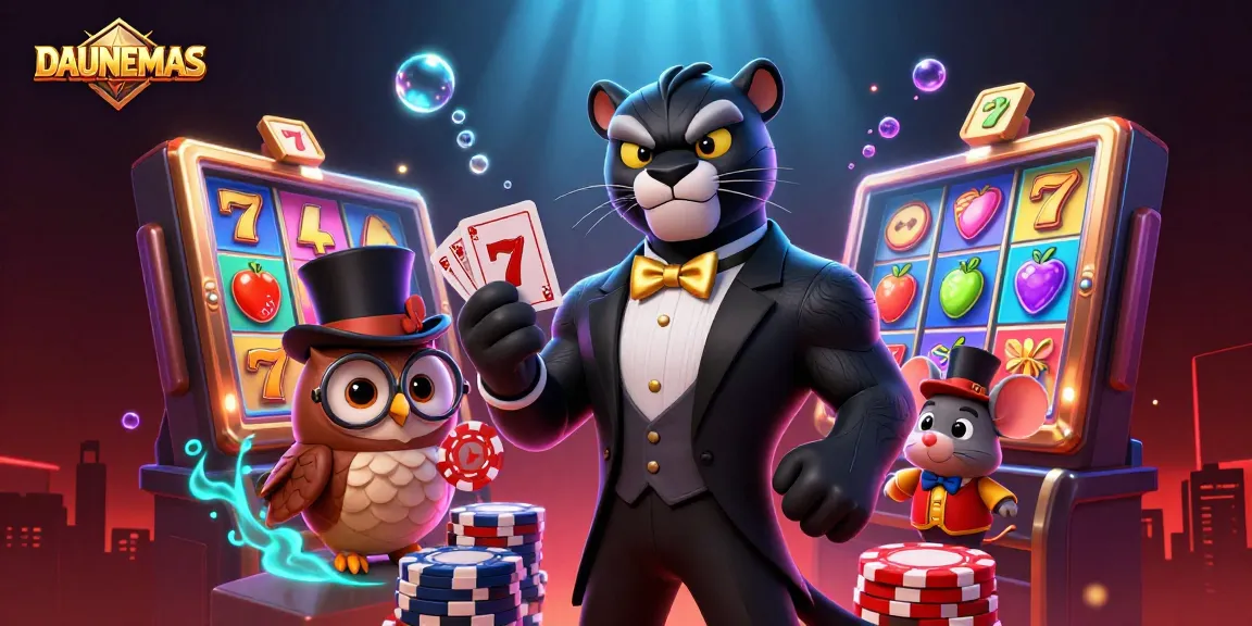 DAUNEMAS brings excitement to life in a vibrant casino scene with colorful slot machines and charming characters.