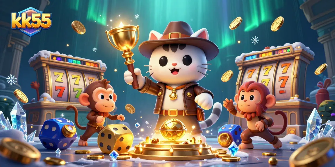 Win jackpots with kk55's 3D slot adventure scene featuring unique casino elements.