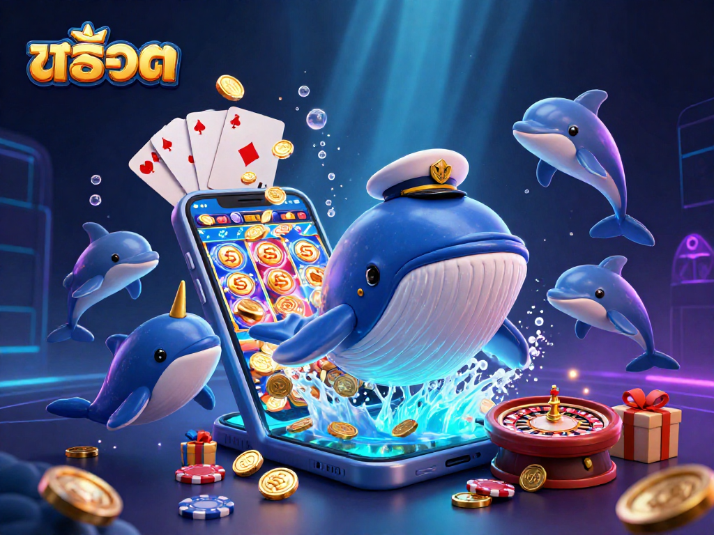 Experience the vibrant scene of สล็อต with a cartoon whale, narwhal, and dancing dolphins, surrounded by colorful gambling elements and treasures.