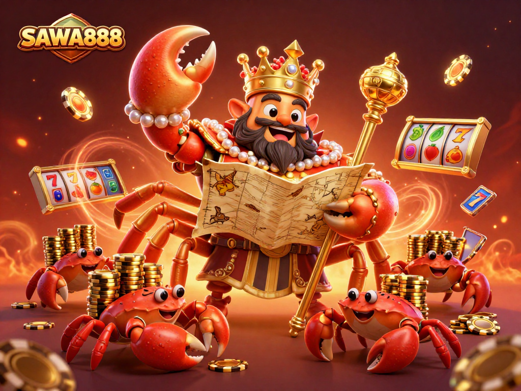 SAWA888 enhances slot gaming excitement with golden crab emperor holding treasure, vibrant casino elements.