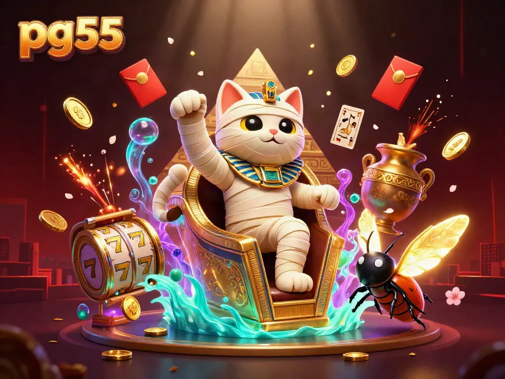 Experience the thrill of pg55 with a vibrant casino scene featuring Egyptian themes, slots, and gold treasures.