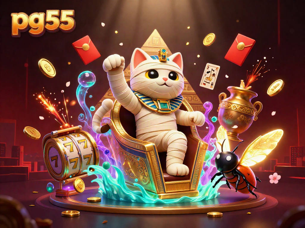 Experience the thrill of pg55 with a vibrant casino scene featuring Egyptian themes, slots, and gold treasures.