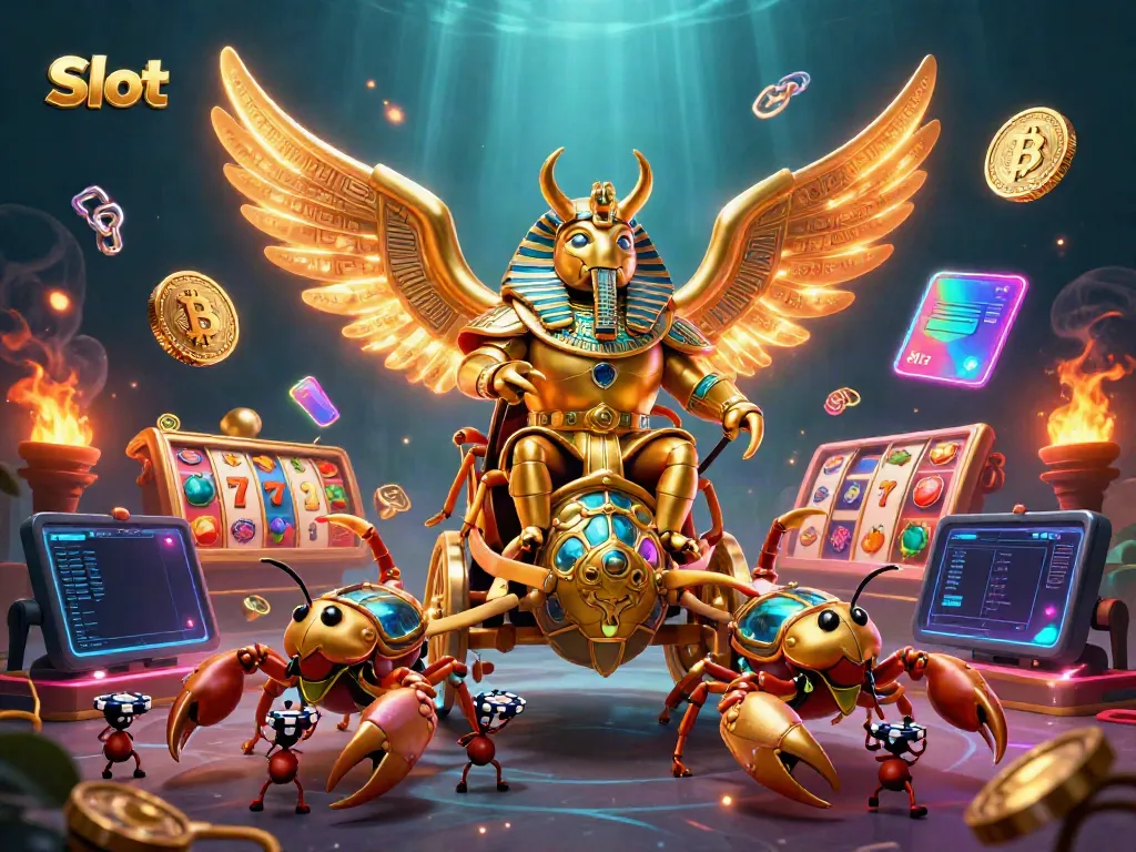 Menggambarkan kombinasi Slot dengan elemen casino, seperti beetle emas, girang jackpot, dan mata uang kripto.
