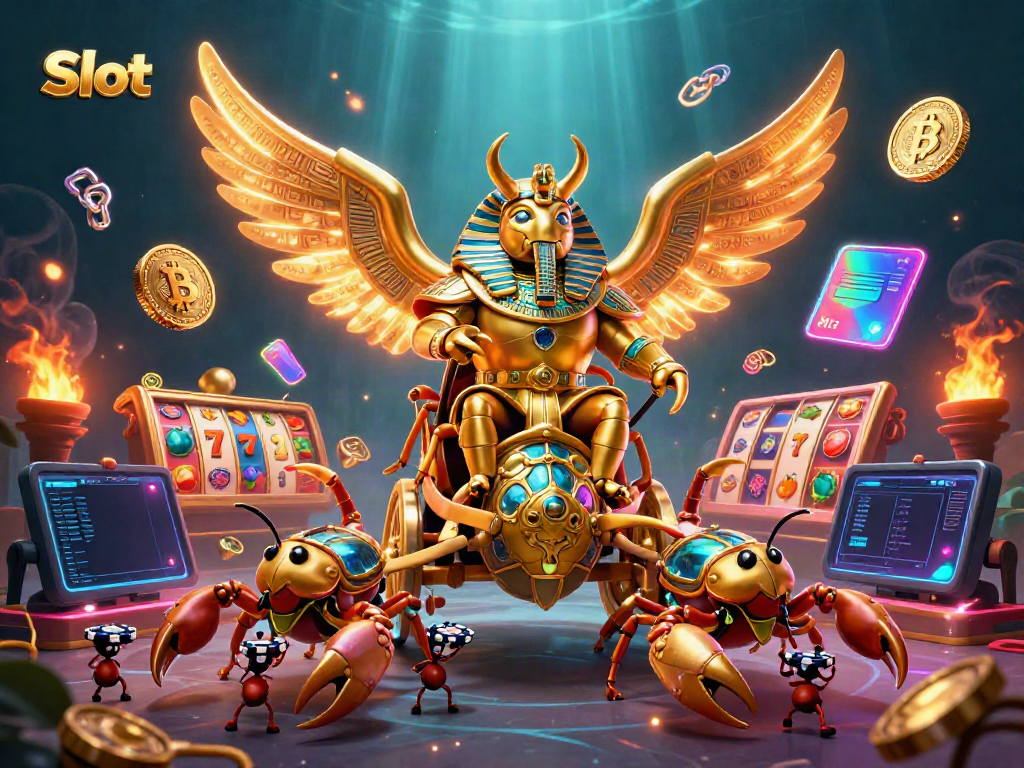 Menggambarkan kombinasi Slot dengan elemen casino, seperti beetle emas, girang jackpot, dan mata uang kripto.