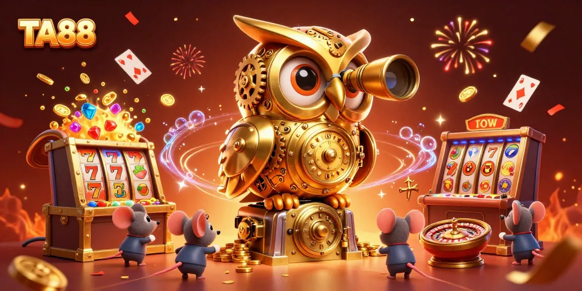 TA88 offers exciting gameplay with golden owl character amidst vibrant casino elements.