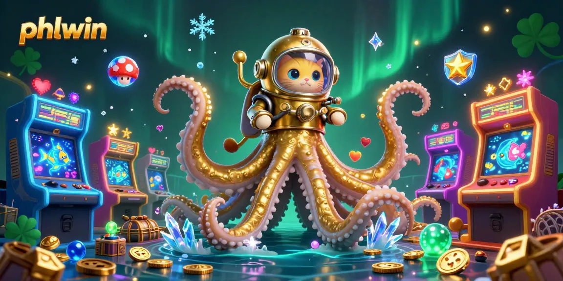 Experience thrilling gaming action with phlwin's colossal kraken and vintage diving cat in a vibrant casino setting.