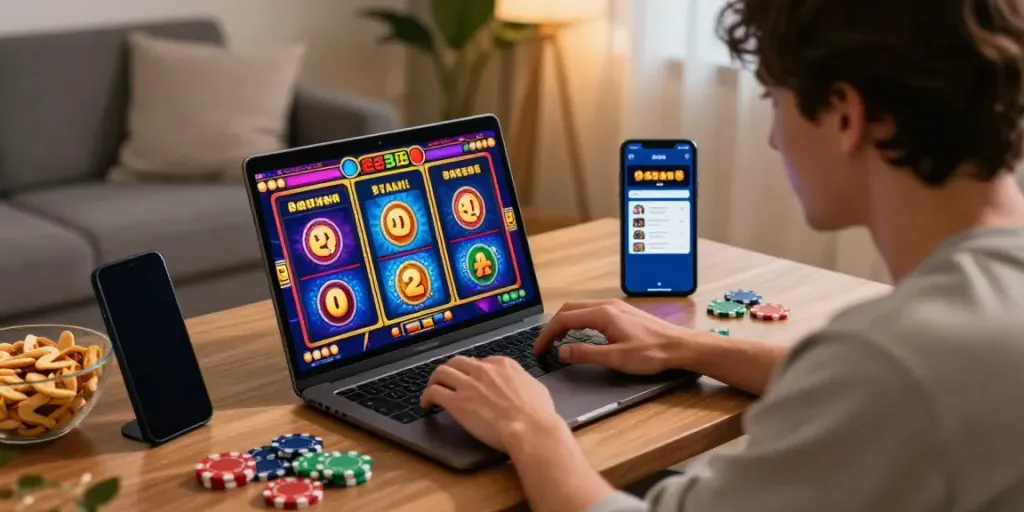 Player enjoying an online slot game on a laptop surrounded by gaming elements in a cozy living room.
