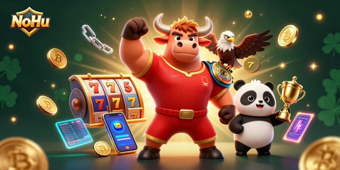 NoHu brings winners together with a cartoon bull mascot celebrating a slot game victory, showcasing vibrant casino elements.