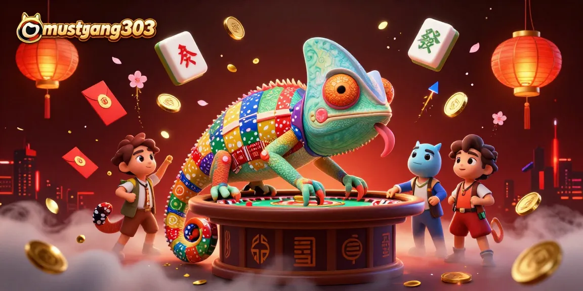 Engage with mustang303's vibrant casino scene featuring a chameleon casino owner capturing gold coins.
