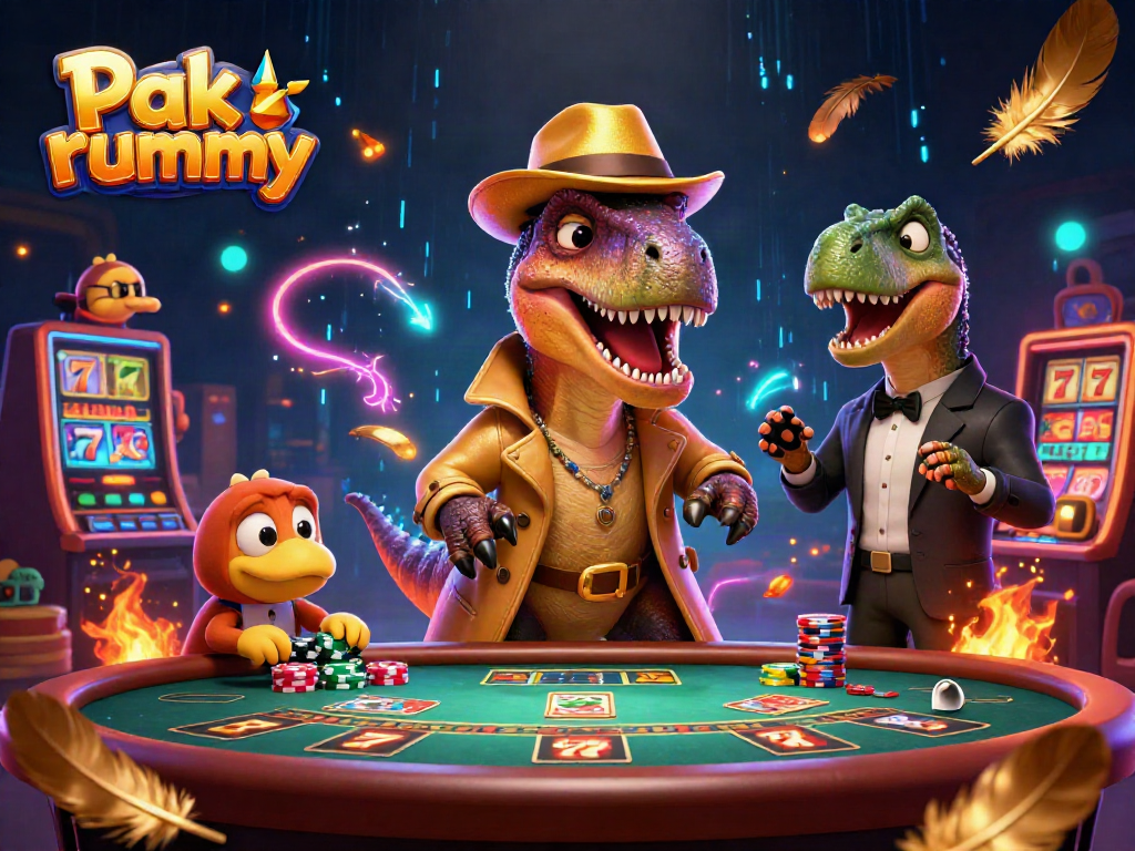Play exciting Pak rummy with a velociraptor and friends at a vibrant casino scene.