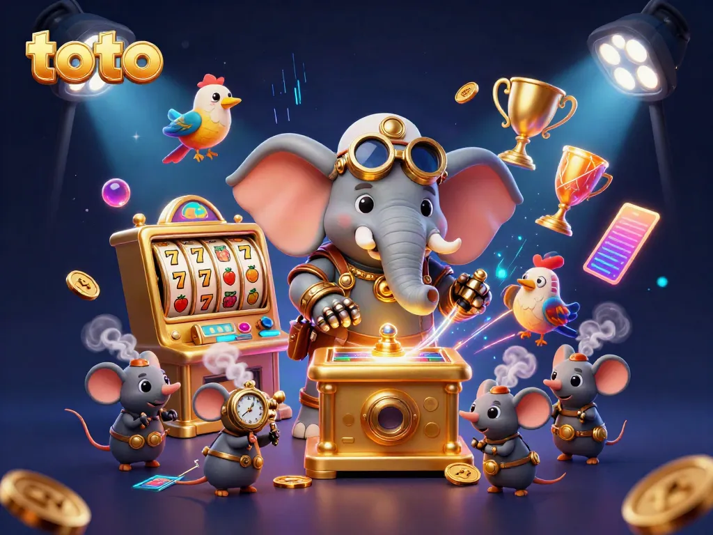 Experience thrilling gaming moments with toto in this vibrant 3D slot machine scene featuring animated characters.