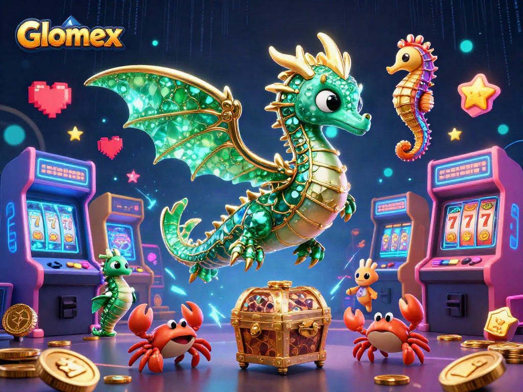 Engage with Glomex's vibrant casino illustration featuring a sea dragon amidst lively game elements.