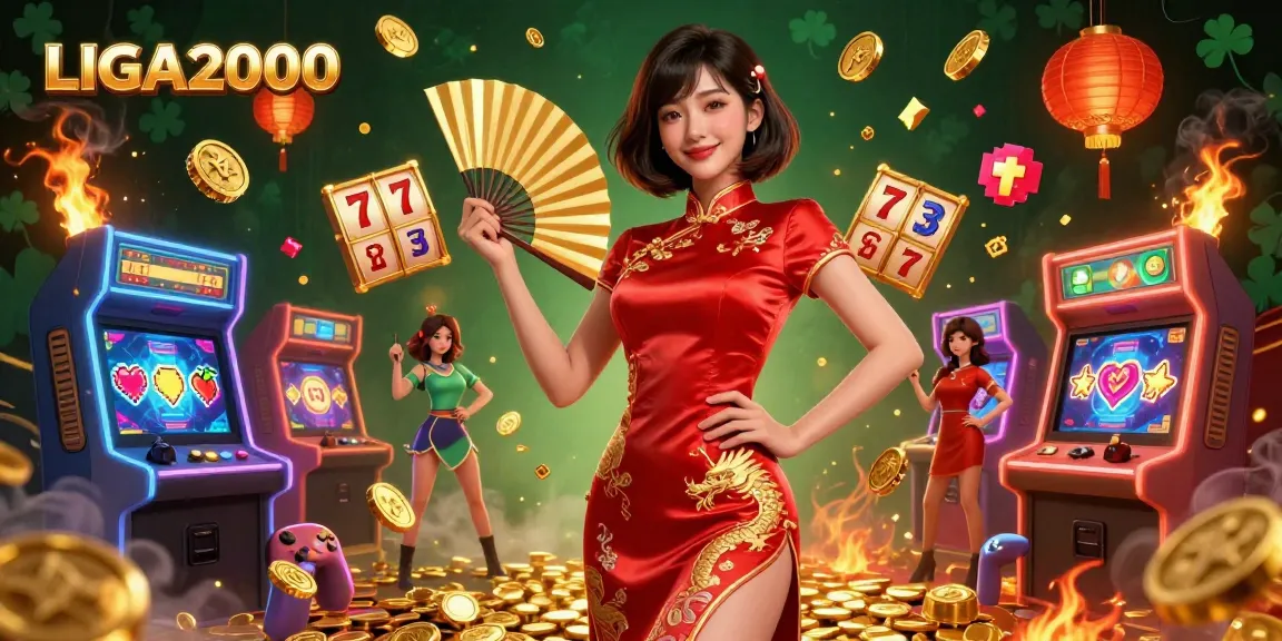 LIGA2000 menampilkan seorang wanita Asia yang cerah dalam qipao dengan elemen slot, siap untuk aksi permainan.