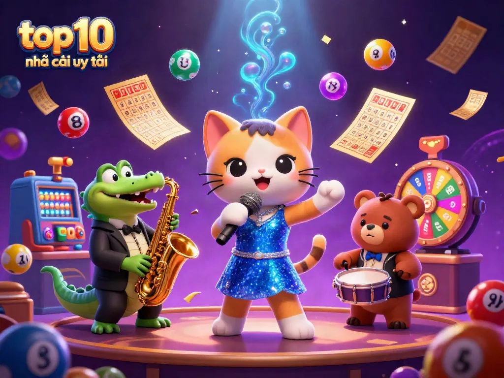 Engaging scene illustrates top 10 nhà cái uy tín with lively characters, casino elements, and vibrant colors.