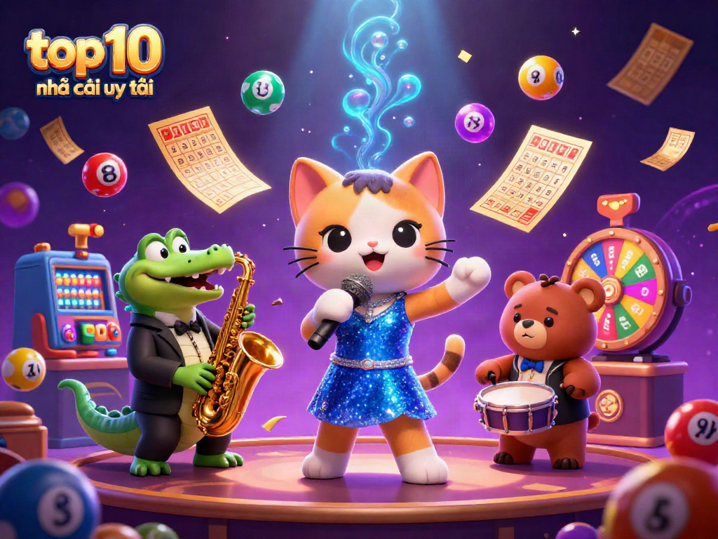 Engaging scene illustrates top 10 nhà cái uy tín with lively characters, casino elements, and vibrant colors.
