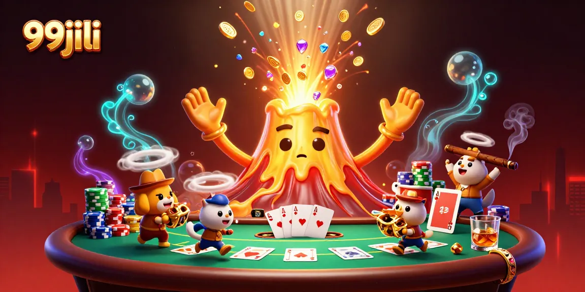 Engage with 99jili's thrilling casino universe as cartoon volcano erupts with gems and treasures.