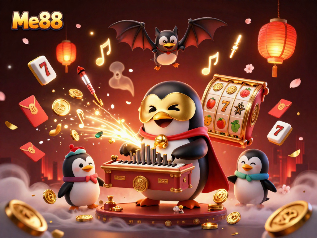 Win big with Me88 in a vibrant 3D casino scene bursting with playful characters and festive game elements.