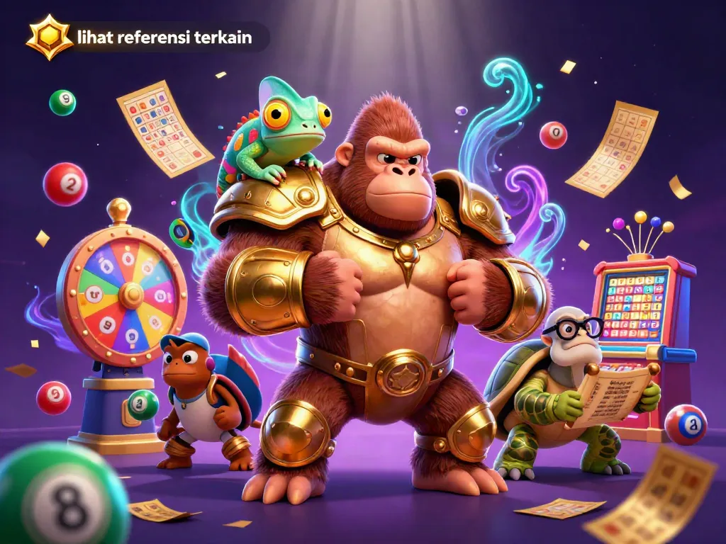 Gorilla raja dalam armor emas dan penyu bijak memperlihatkan cara mencari referensi di dunia perjudian dalam ilustrasi 3D.
