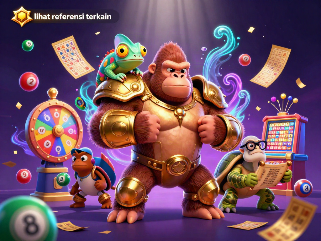 Gorilla raja dalam armor emas dan penyu bijak memperlihatkan cara mencari referensi di dunia perjudian dalam ilustrasi 3D.
