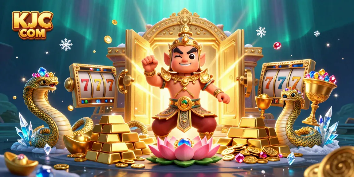 Engage with KJC COM's dynamic world of gaming, featuring slot reels, gold treasures, and mythical guardians.