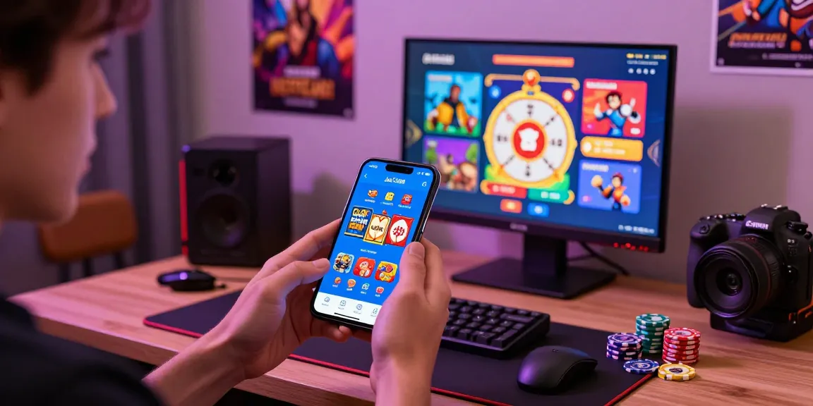Engaged user playing JaiClub mobile app in a vibrant gaming corner, showcasing Color Prediction and Lucky Spin games.