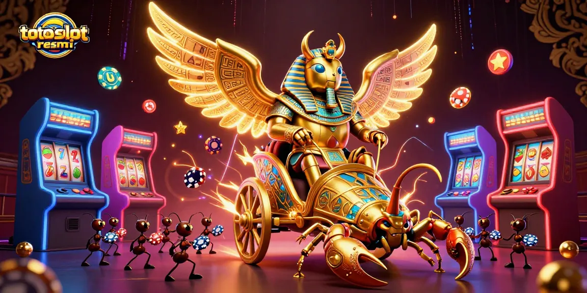 Experience thrilling slots with totoslotresmi's illuminated golden beetle and scorpion chariot in an explosive casino scene.