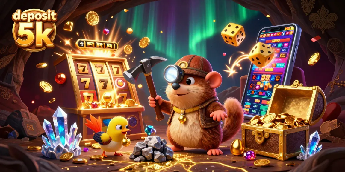 Exciting cartoon scene with deposit 5k theme; cartoon mole mining gems, surrounded by slot machines and vibrant casino elements.