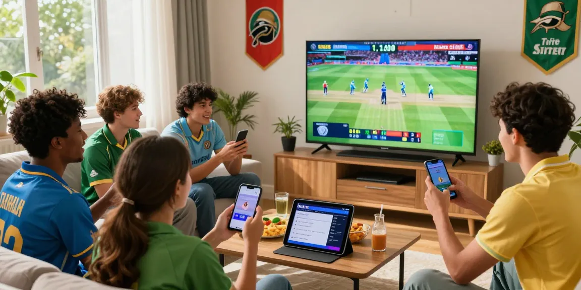 Friends enjoying Fair play cricket betting in a lively living room with live match updates.