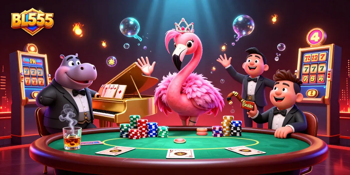 Experience thrilling casino action with BL555's vibrant flamingo singer and hippo bassist in this dynamic illustration.
